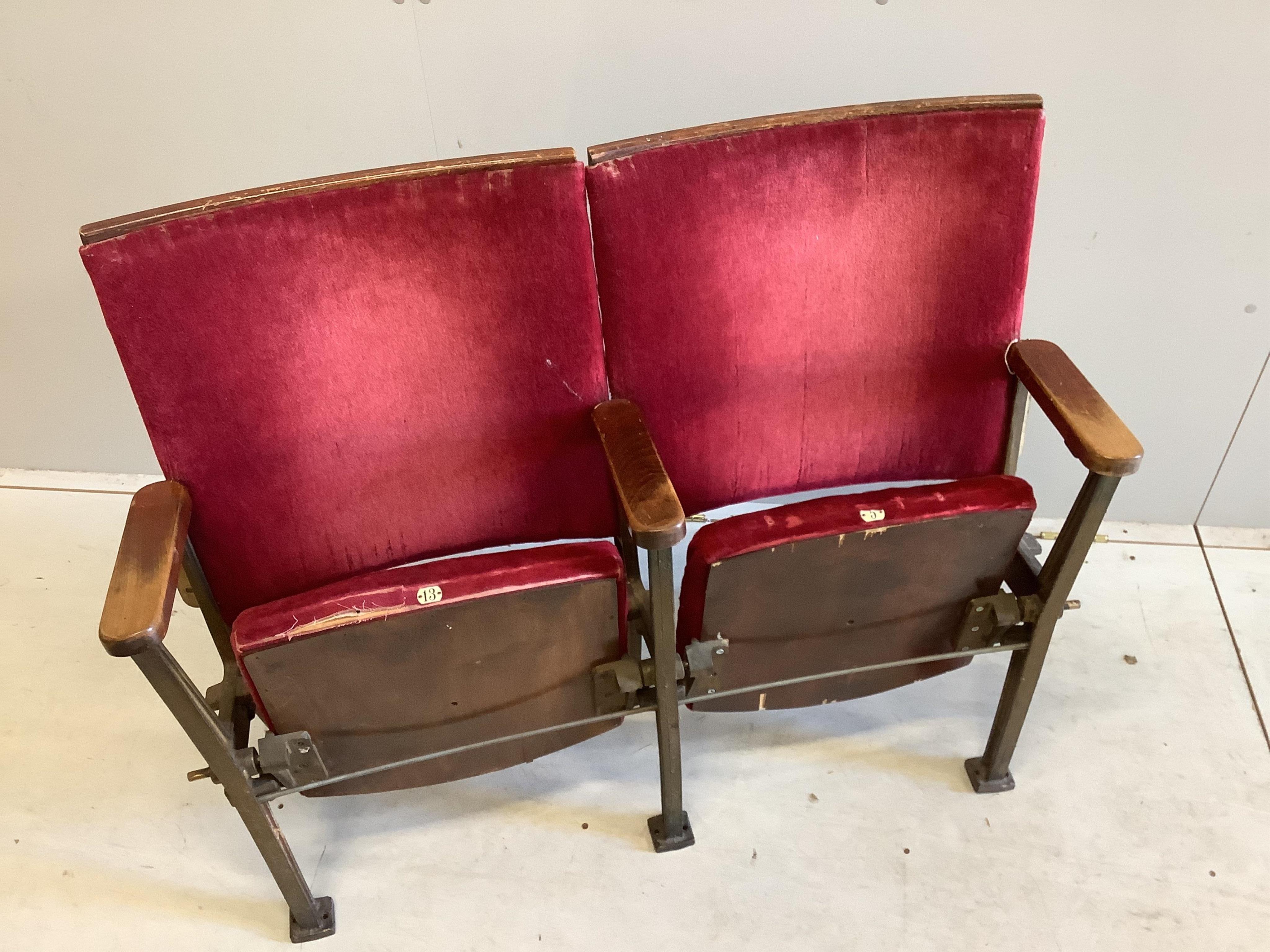 A vintage cinema double seat, width 106cm, height 87cm. Condition - fair